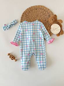 SHEIN Newborn Baby Cute Knitted Casual Cartoon Pattern Romper And Headband Set - Blue and White - View 6