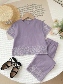 LMoss Kids 女童圓領花卉刺繡圖案短袖上衣與長褲套裝 - 紫色 - 查看 7