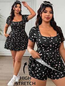 SHEIN EZwear 大尺碼女款花卉印花百褶休閒日常穿著連身短褲 - 彩色 - 查看 9
