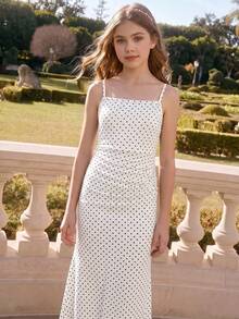 SHEIN Tween Girls Elegant Back To School White Contrast Mesh Square Neck Strap Hi Waist Fishtail Maxi - White - View 1