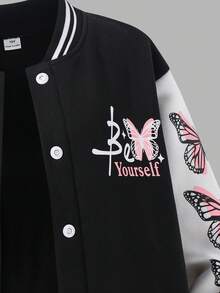 SHEIN Explorewe Streecool 青少年女孩秋冬休閒舒適時尚設計日常百搭字母與娃娃圖案棒球夾克 - 黑與白 - 查看 5