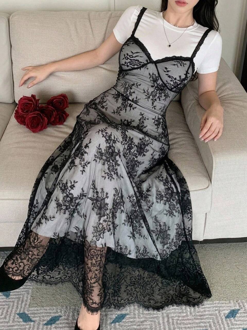 Spring/Summer Casual Lace Mesh Camisole Top & White Round Neck Short Sleeve T-Shirt Dress Elegant Women 2-Piece Set
