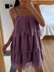 DAZY Women's Solid Color Contrast Lace Ruffle Strap Nightgown - Purple - View 3
