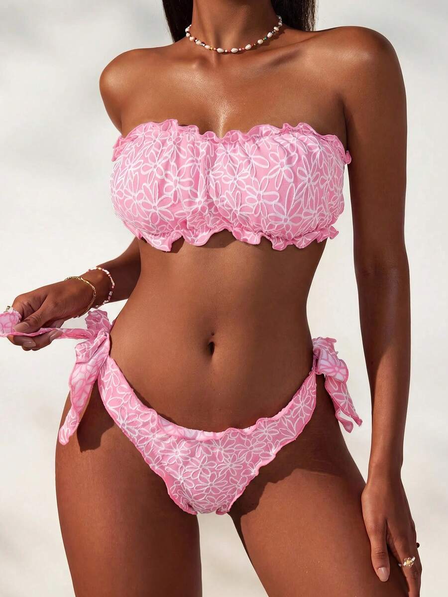 SHEIN Swim 女款夏季海灘度假花卉刺繡荷葉邊平口性感熱帶可愛飄逸保守時尚比基尼兩件式泳衣套裝 粉色 - 粉色 - 查看 1