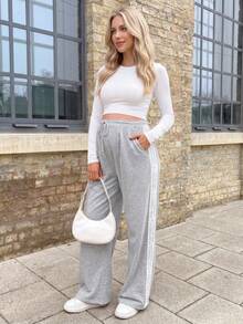 Lyckli Maternity Side Contrast Lace Drawstring Waist Pocket Wide Leg Casual Long Pants Winter - Grey - View 3