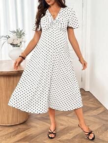SHEIN Maternity V-Neck Pleated Polka Dot Casual Daily Wear Dress - White - View 4