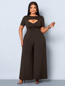 SOLERSUN Ladies' Plus Size Elegant Sexy Party Going Out Night Chest Hollow Short Sleeved Hanging Jumpsuit Chocolate Brown Summer - Brown - View 3