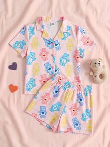 SHEIN X Care Bears Young Girl Cartoon Print Short Sleeve Top And Shorts Casual Daily Home Pajama Set - Pink - View 1