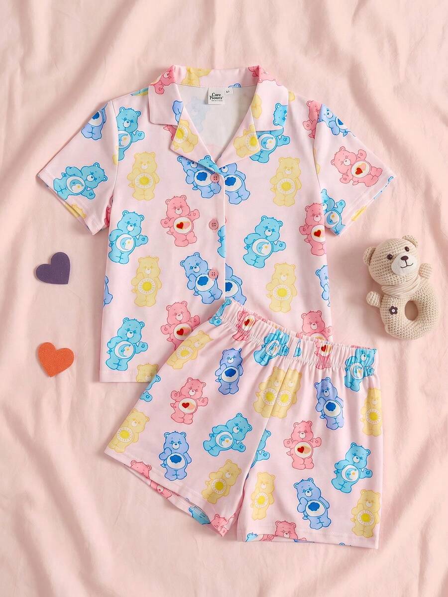 SHEIN X Care Bears Young Girl Cartoon Print Short Sleeve Top And Shorts Casual Daily Home Pajama Set - Pink - View 1