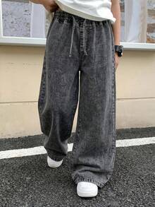 Teen Boy Cool Drawstring Elastic Rubberized Waist Loose Wide-Leg Jean Halloween And Black To School - Black - View 1