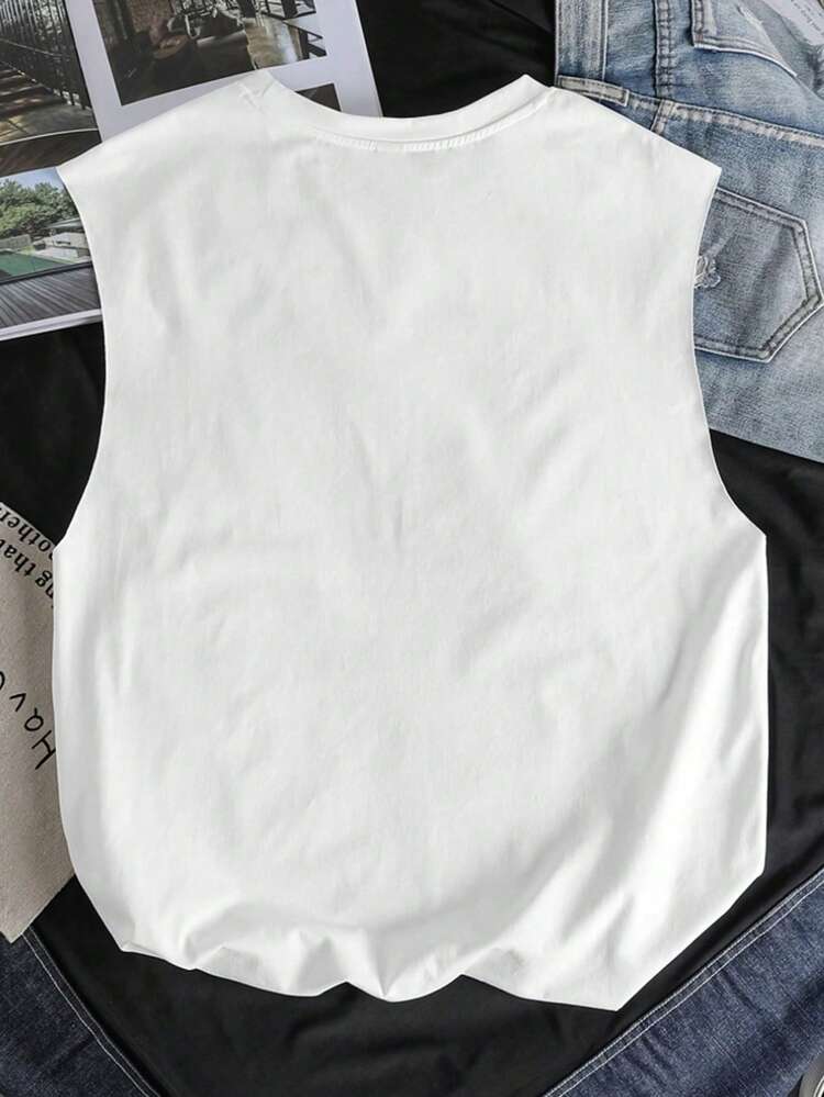 Camiseta sin mangas de estilo casual minimalista con estampado de letras para niño, adecuada para el verano, con estampado gráfico de texto clásico popular de la ciudad de Los Ángeles, California - Blanco - Añade 3
