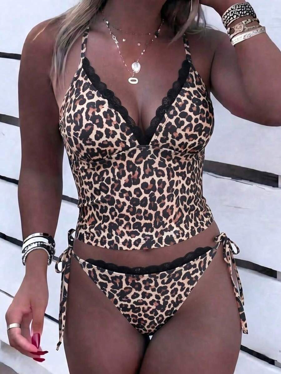 Zestiva 2026 Spring/Summer New Sexy Tropical Leopard Print Lace Trim Halter Neck Tie Bikini Two Pieces Swimwear Beach Vacation Brown - Multicolor - View 1
