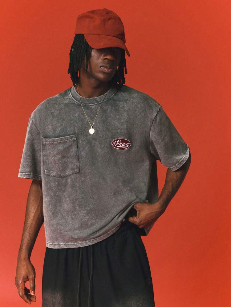 SUMWON Brand Oval Logo Patch Washed Short Sleeve Crew Neck Boxy Crop Tee With Chest Pocket Vintage Style - Grey - View 1