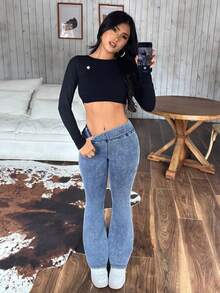 SHEIN PETITE 女款彈性腰休閒百搭喇叭褲，適合嬌小女性 - 藍色 - 查看 2