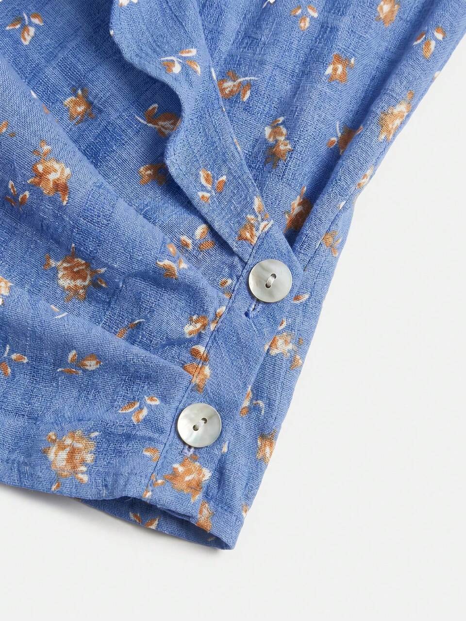 Vintage Blue Floral Wrap Blouse With A Ruffled Neckline Cute Chic Summer Holiday Vintage Top