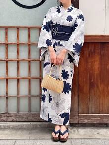 Irokai Women's White Summer Jamican Traditional Vacation Japanese Floral Print Yukata Kimono Robe,Modified Style Blue Bowknot Yukata For Summer Festivals - Navy Blue - View 1