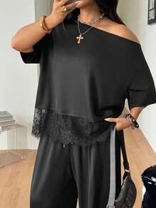 Coolane Plus Size Asymmetric Neck Lace Patchwork Top And Drawstring Waist Loose Pants 2-Piece Set - Black - View 7