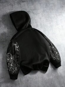 ROMWE MEN 男士翅膀印花圖案雙層寬鬆連帽衛衣 - 黑色 - 查看 3