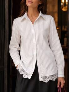 Avenya Chemise à manches longues avec col à bordure en dentelle rayée, style décontracté élégant et chic, pour le quotidien, les trajets, la Fête des enseignants, le brunch et le bureau, noir et blanc, automne - Blanc - Voir 4