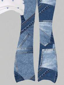 SHEIN Elladie kids 2件組復古愛心印花T恤與喇叭褲套裝，可愛夏季返校女孩穿搭，Y2K校園風，新款圓領短袖T恤搭配鬆緊腰喇叭長褲，簡約百搭時尚通勤套裝 - 彩色 - 查看 6