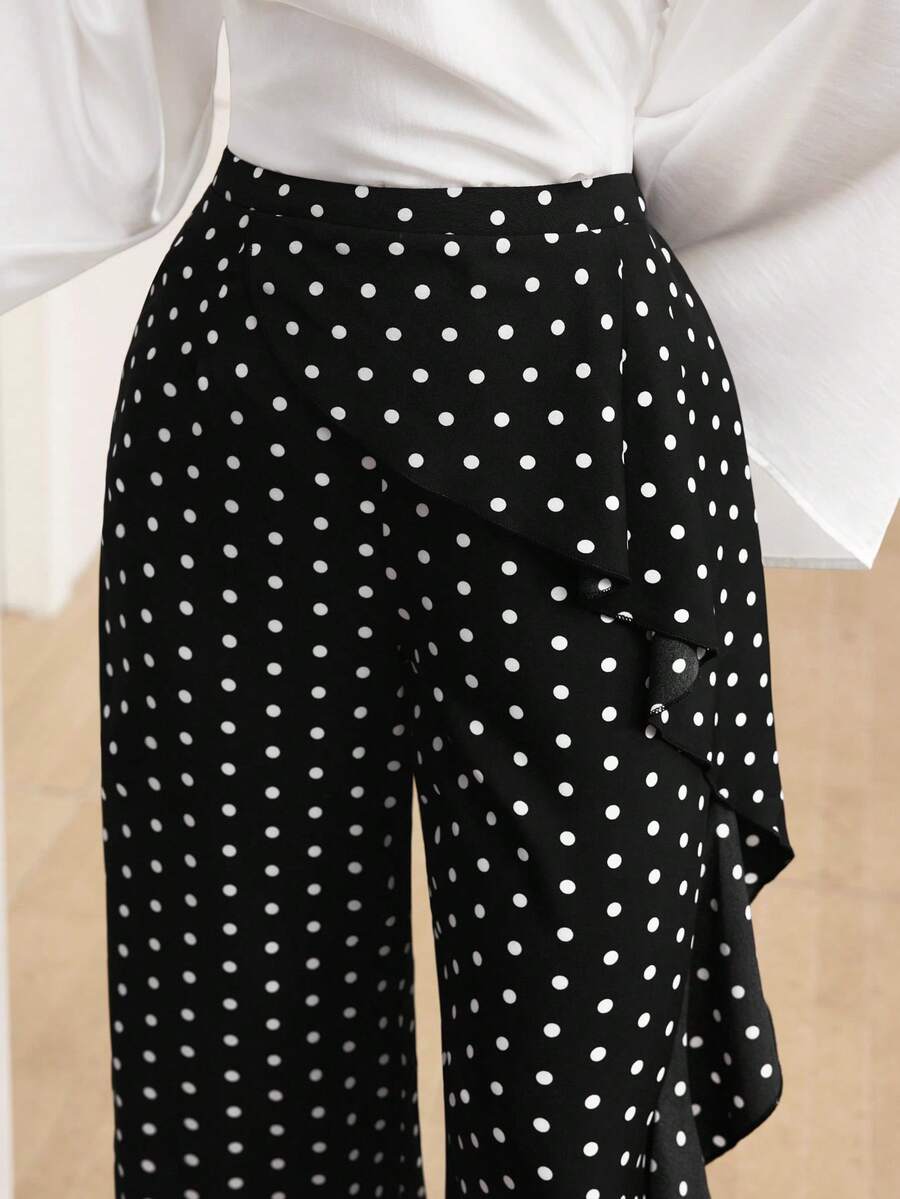 Graceveil Polka Dot Print Wavy Hem Elegant Fashionable French Style Long Pants - Black - View 1