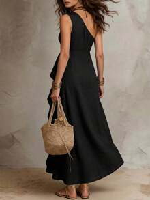 Solivie Women's Solid Color One-Shoulder Patchwork Ruffle Sleeveless Elegant Dress - Black - View 2