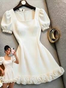 GlowEve Women's French Square Neck Petal Sleeve 3D Lace Hem Cinched Waist Minimalist Dress, Elegant Commuter Style For Spring/Summer - Pearl White - View 1