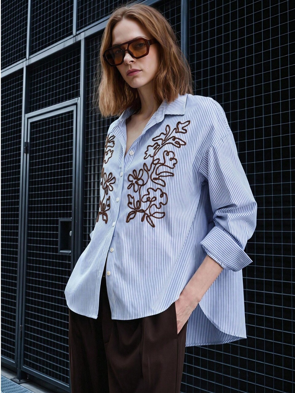 Women's Blue And White Striped Custom Embroidered Blouse All-Season Bohemian Style French Casual Teachers' Day Outfits Seaside Brunch Office Autumn
