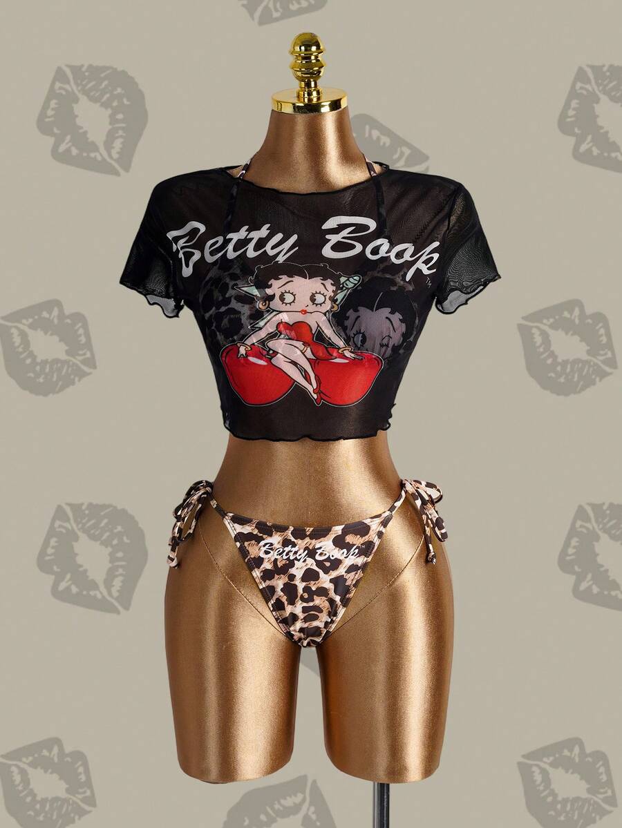Betty Boop x SHEIN 女款夏季海灘豹紋掛脖比基尼套裝，附短袖罩衫上衣 - 黑色 - 查看 1