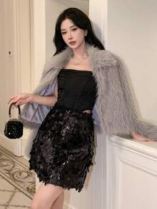 DAZY 亮片装饰半身裙，女士返校派对半身裙，秋季嘉年华半身裙 - 黑色 - 查看 8