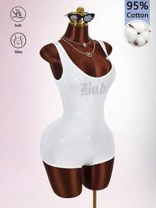 Amplova Women's Large Scoop Neck Rhinestone Decorated Sleeveless Bodysuit - White - View 7