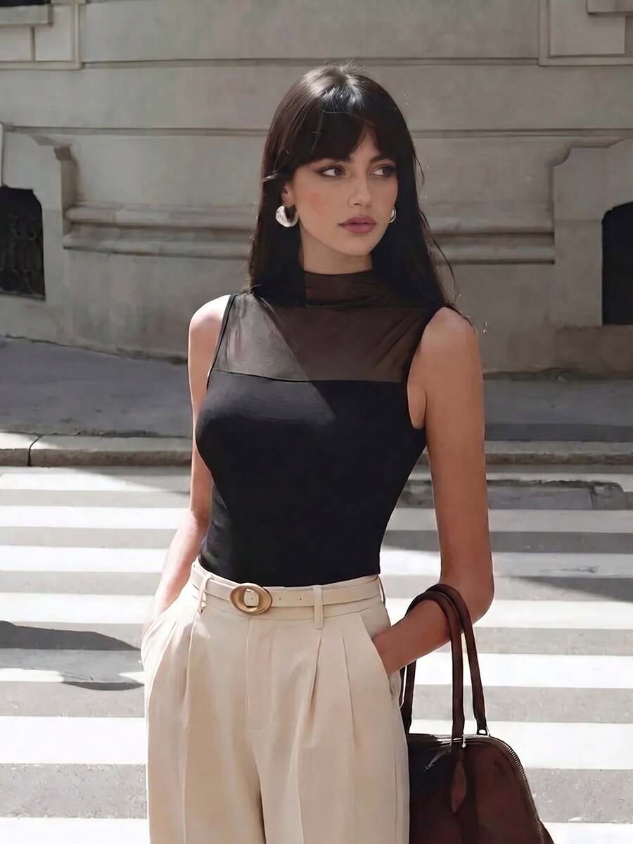 Anewsta 新款優雅時尚性感無袖上衣,適合約會、派對、各種場合與上班穿著,透視拼接設計,春/夏季 - 黑色 - 查看 1