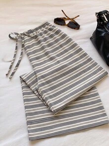 SHEIN EZwear 秋季新款針織條紋女款休閒腰綁帶直筒褲，適合夏季、日常通勤、派對、秋冬春夏、聖誕節、新年、感恩節、派對、婚禮、海灘、畢業典禮、優雅、外出、約會、通勤、情人節、優雅、度假、Y2K、畢業典禮等場合 - 彩色 - 查看 4