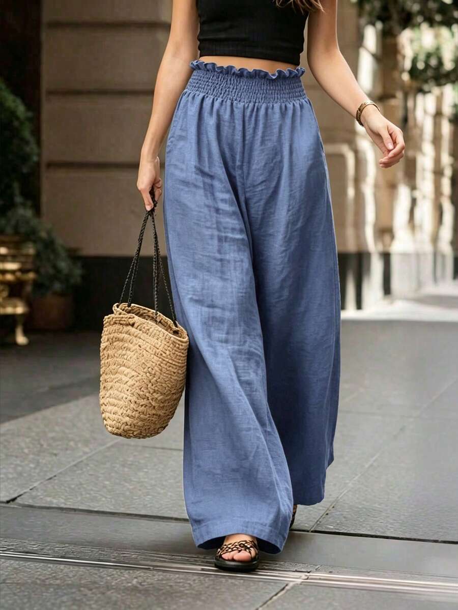 Breezaya Vacation Casual Versatile Solid Color Wide Leg Long Pants - Blue - View 1