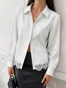 Avenya Chemise à manches longues avec col à bordure en dentelle rayée, style décontracté élégant et chic, pour le quotidien, les trajets, la Fête des enseignants, le brunch et le bureau, noir et blanc, automne - Blanc - Voir 8