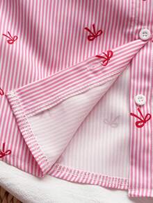 SHEIN Vintaside Kids 女童檸檬條紋印花清新輕盈設計襯衫，翻領長袖寬鬆休閒襯衫，仿檸檬刺繡圖案，春/秋休閒襯衫 - 粉色 - 查看 7