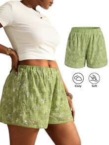 Elaquor Plus Size Sequin Patchwork Embroidered Elastic Waist Loose Summer Shorts Green Short For Women Casual Vacation Going Out Short For Women - Green - View 8