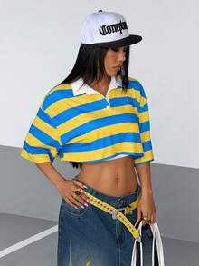 StreetHx 2000年代風格 Y2K 女款春秋休閒街頭風寬鬆條紋拼色 Polo 領 T 恤 - 彩色 - 查看 4