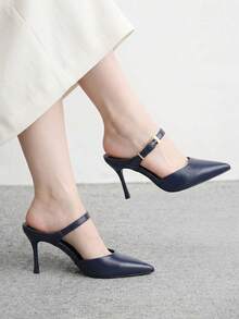 CUCCOO BIZCHIC 女款春夏新款簡約金屬扣尖頭高跟鞋 白色後背細跟涼鞋 通勤百搭款 - 藏蓝色 - 查看 4