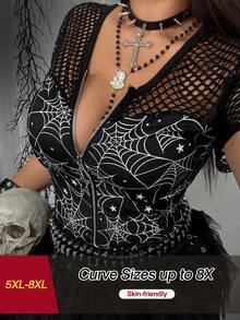 SHEIN CURVE+ Plus Size Punk Gothic Sexy Halloween Spider Web Print Mesh Patchwork Fitted T-Shirt Night Out Club Black Summer - Black - View 1