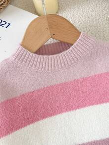 SHEIN LMoss Kids Baby Girls Round Neck Pullover Sweater, Pink Striped, Soft And Comfortable, Suitable For Autumn/Winter - Pink - View 4