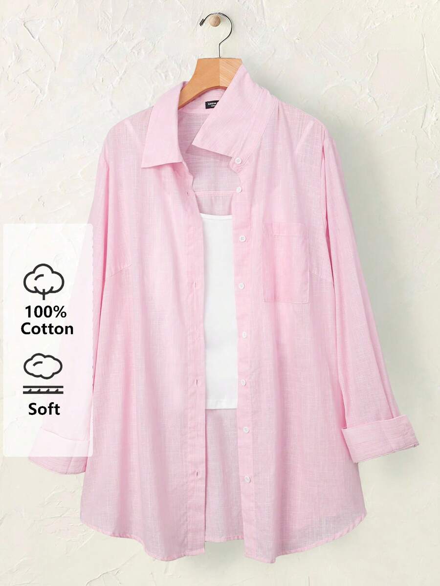 SHEIN CURVE+ Curve Size US22 音樂節海邊度假波希米亞風女款長袖休閒條紋襯衫，春夏女裝