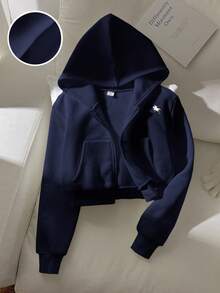 SHEIN 青少年女孩寬鬆休閒極簡舒適日常街頭風連帽修身口袋前開襟拉鍊短版長袖運動衫外套 白色返校穿搭 - 藍色 - 查看 3