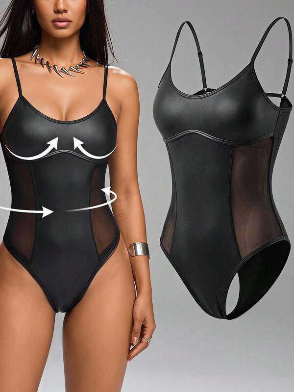 Innovista Women's  Active Sculpting Bodysuit PU Mesh Panel Adjustable Straps Removable Pads Stretch Slim Fit Shapewear Athleisure Dance Festival