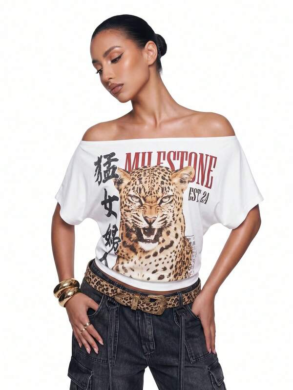 SHEIN ICON Women's Summer Casual Streetwear Leopard Print Off-Shoulder T-Shirt Night Out Rainbow Leopard