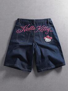 ROMWE MEN HELLO KITTY AND FRIENDS | ROMWE Men's Casual Daily Denim Shorts With Pocket, Button And Cartoon Letter Pattern - Blue - View 1
