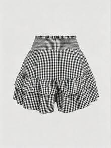 SHEIN LUNE Black & White Plaid Ruffle Hem Shorts, Slimming, Spring/Summer - Black and White - View 2