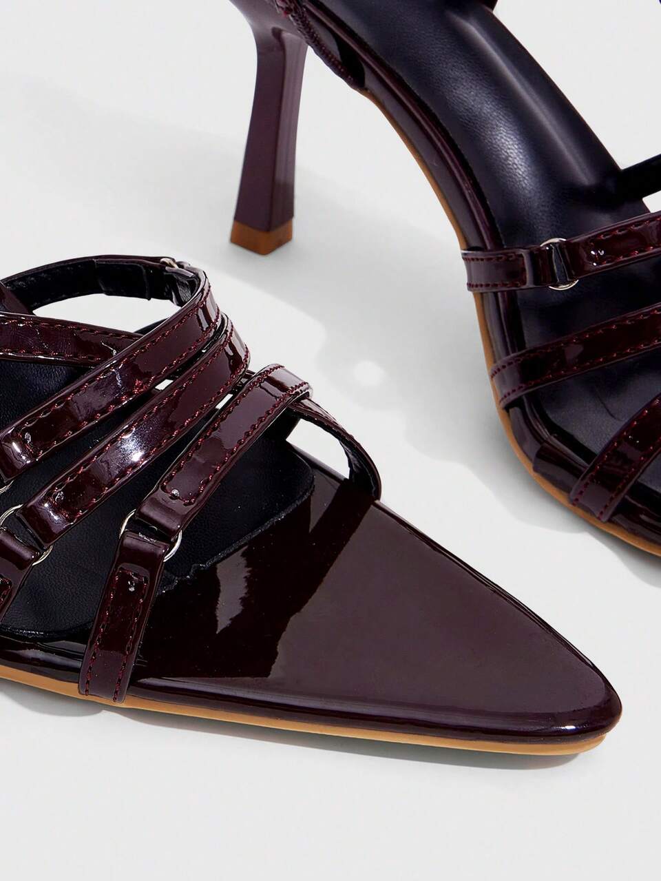 CUCCOO SZL Dark Brown Patent Leather Pointed Cross-Strapped High-Heeled Sandals, Women's Retro Rear Strap Open-Toed High-Heeled Shoes