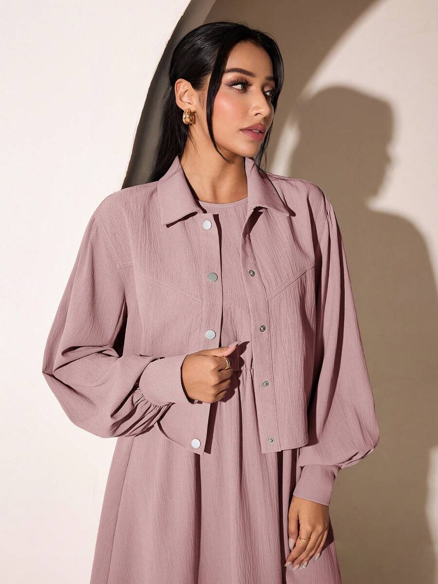 Veilorie 女款純色極簡風百褶洋裝與單排扣紋理上衣兩件套 - 藕粉色 - 查看 1