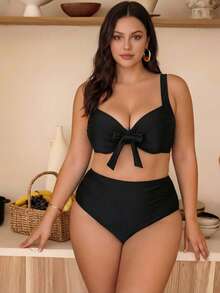 Swim Chiccia 大码女士简约纯色软杯钢圈比基尼上衣，饰有蝴蝶结，适合海滩和度假穿着 - 黑色 - 查看 5